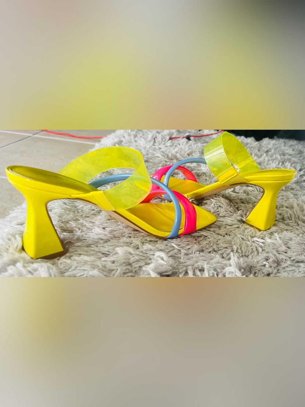 Marc Fisher Neon Yellow Slide Sandals with Pink & Blue Straps